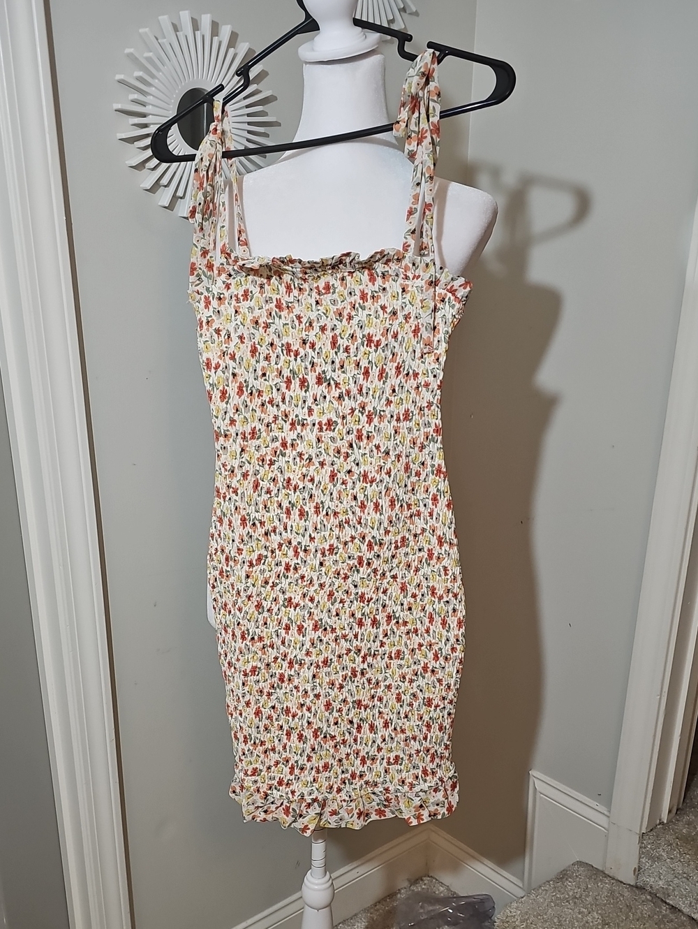 Floral Smocked Tie-Shoulder Mini Dress in Cream
